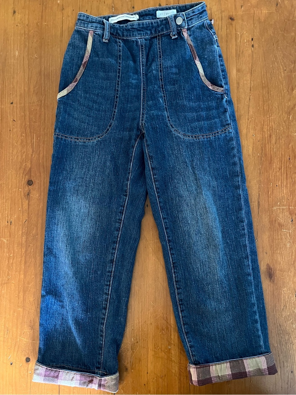 Anthropologie Pilcro Ultra High-Rise Plaid-Trimmed Blue Denim Boyfriend Jeans